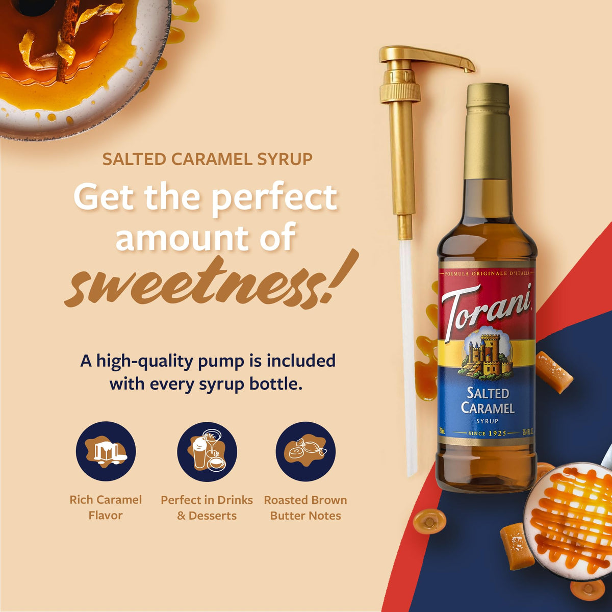 Torani Salted Caramel drizzle over dessert for rich flavor.