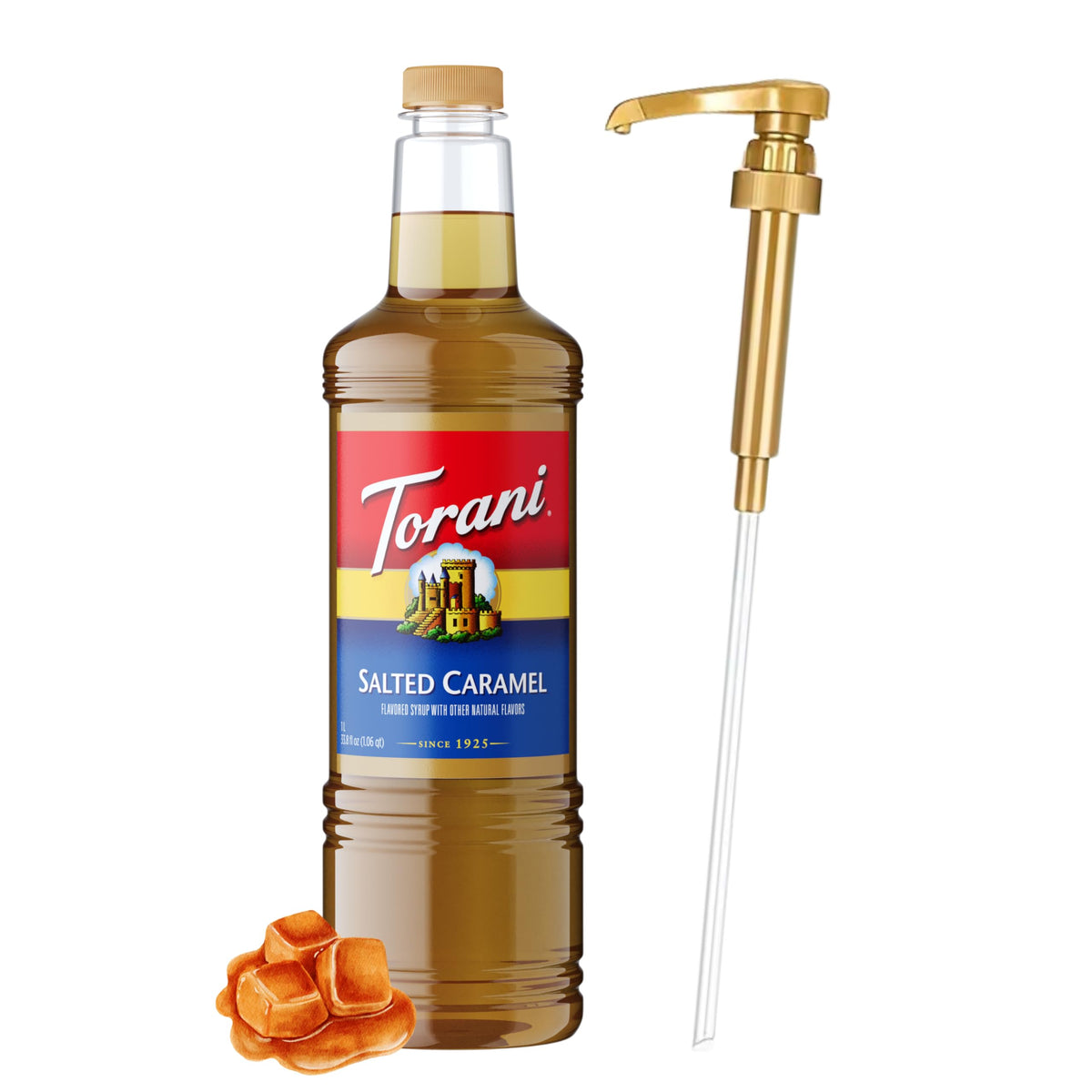 Torani Salted Caramel Flavoring Syrup bottle with pump for quick, mess-free servings.