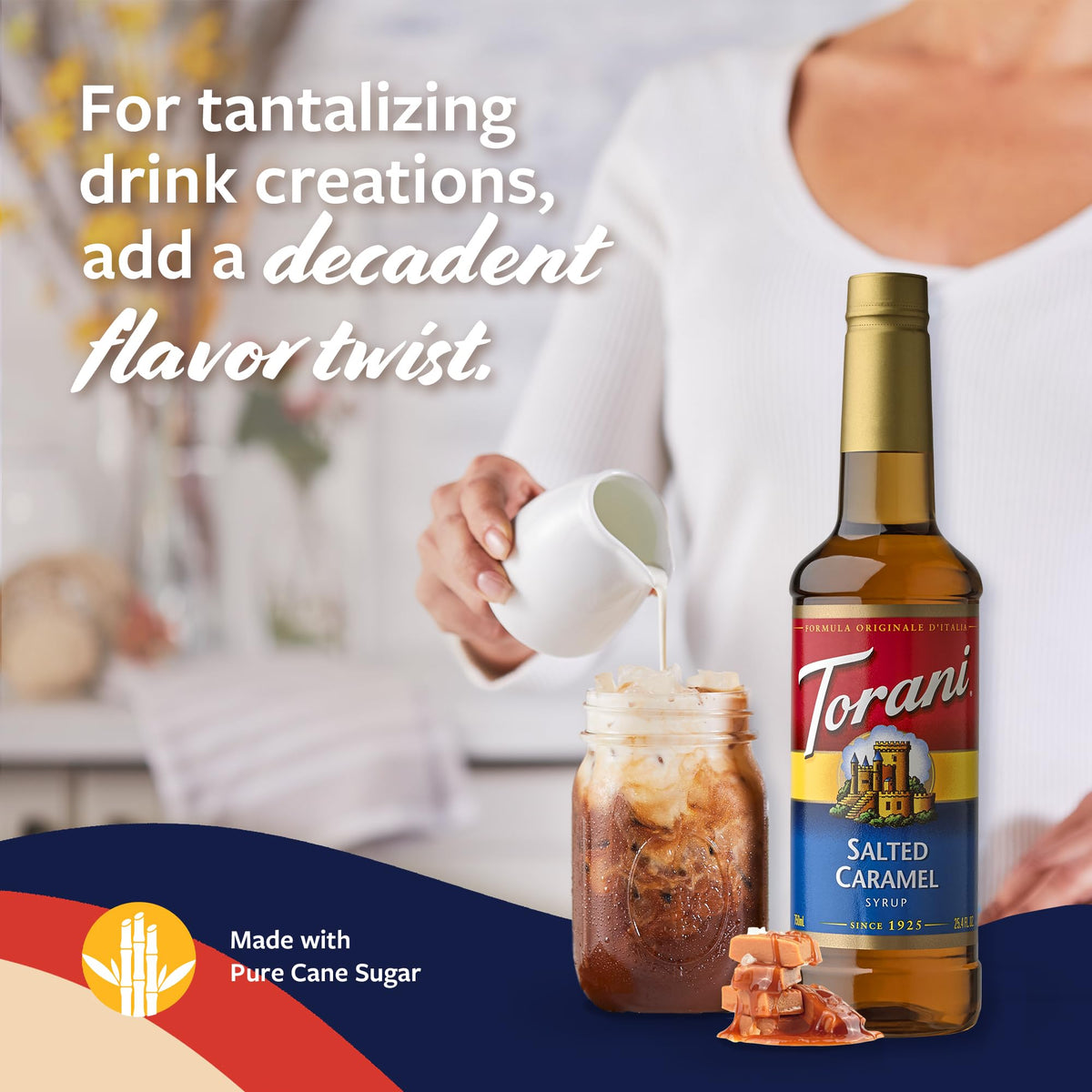 Pouring Torani Salted Caramel syrup into a cup for cafe-style drinks.