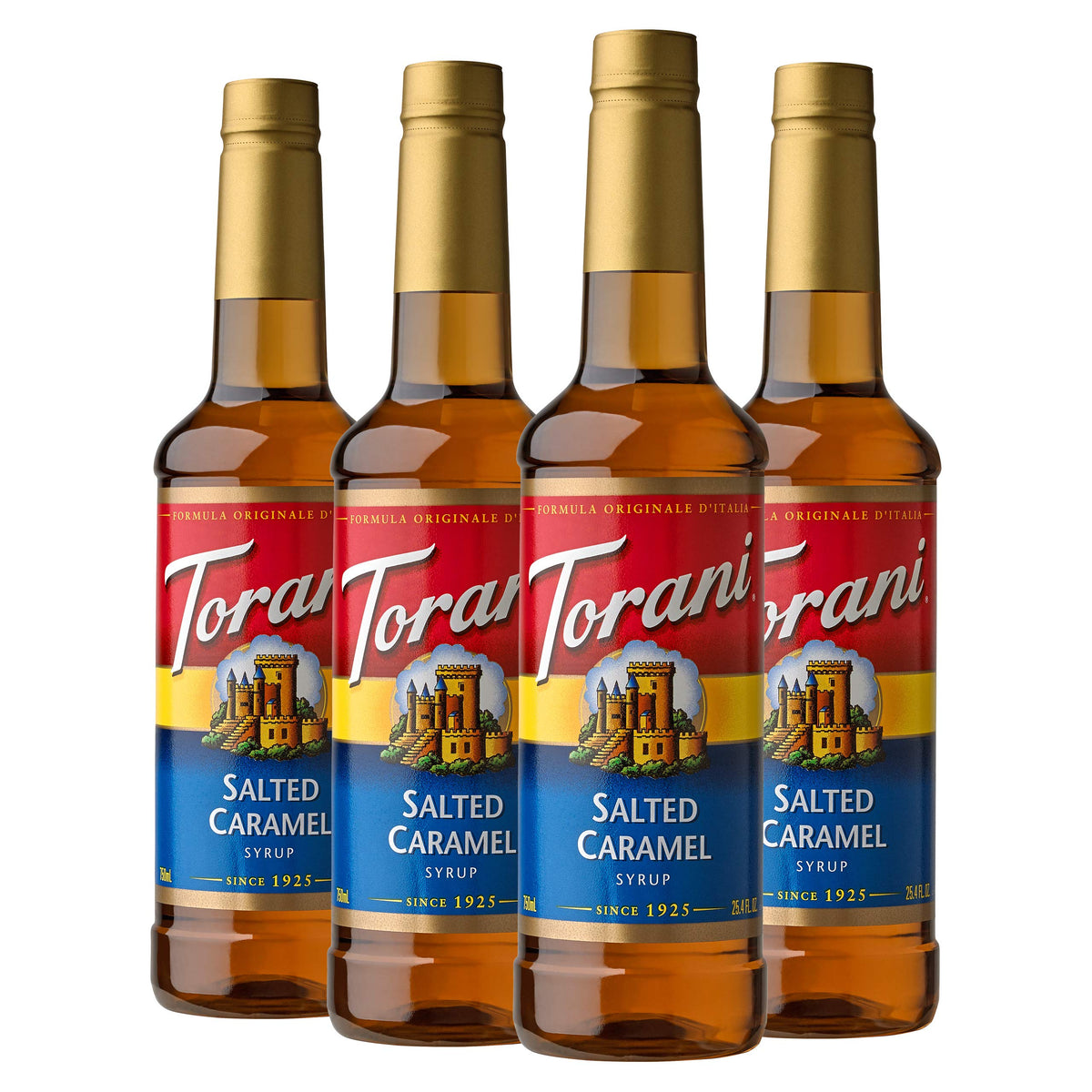 Torani Salted Caramel Syrup bottle closeup for rich latte flavor possibilities
