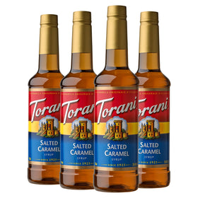 Torani Salted Caramel Syrup bottle closeup for rich latte flavor possibilities