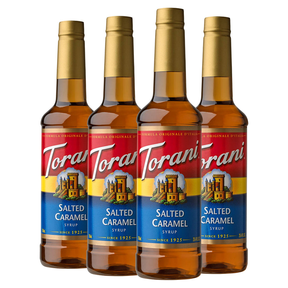 Torani Salted Caramel Syrup bottle closeup for rich latte flavor possibilities