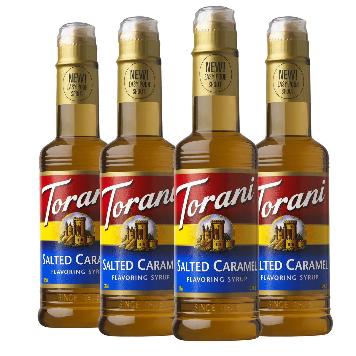 Torani Salted Caramel Syrup four-pack on display for home barista use