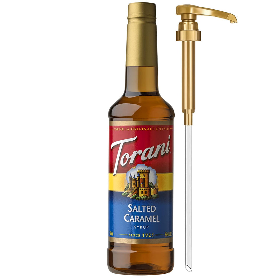 Torani Salted Caramel syrup bottle with pump for easy at-home flavoring.