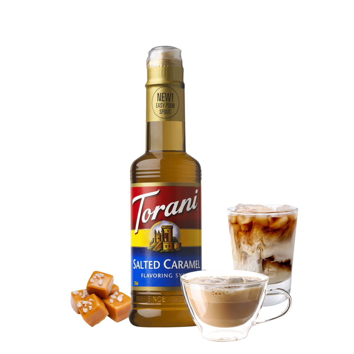 Torani Salted Caramel Syrup being poured into coffee for warm flavor