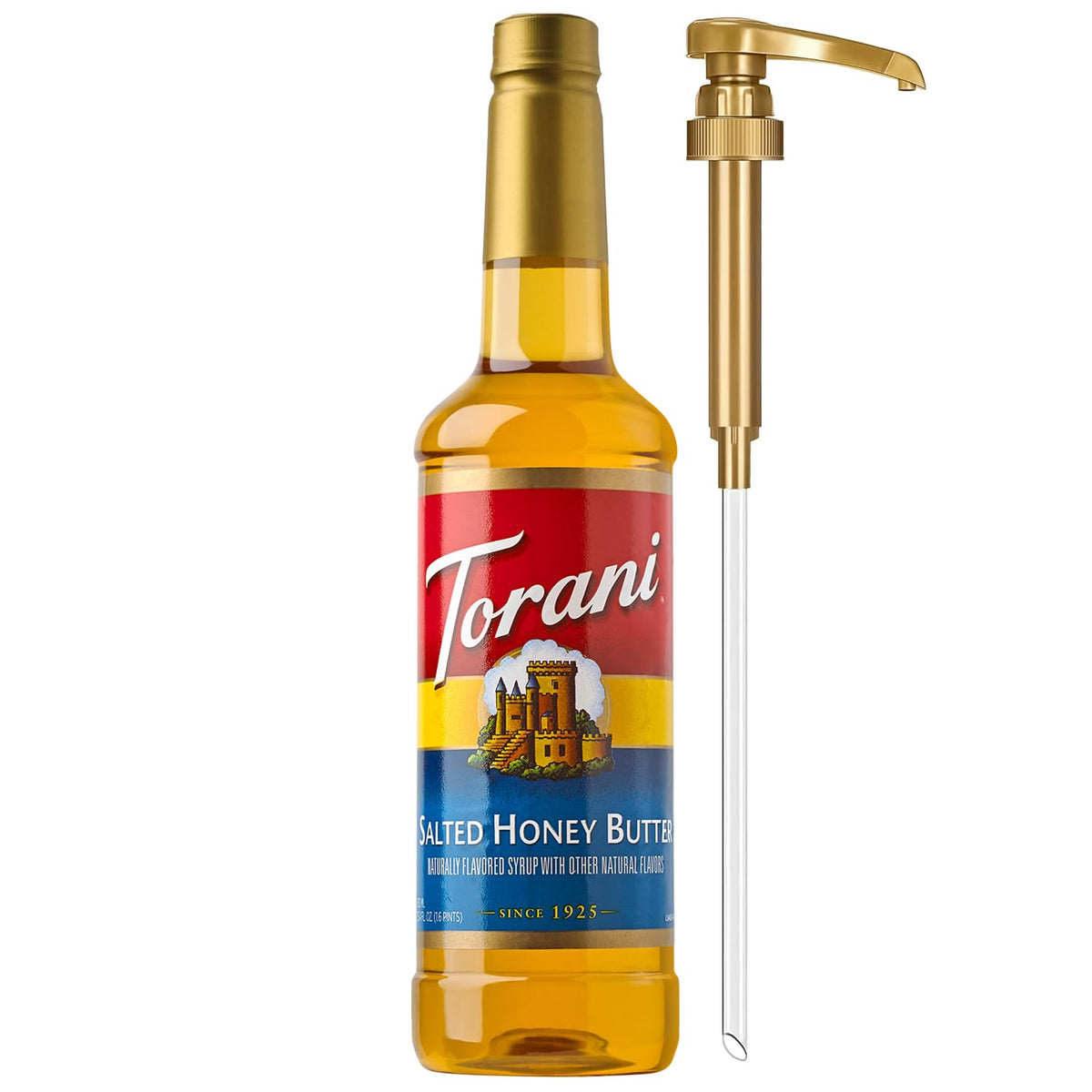Torani Salted Honey Butter Syrup bottle with pump for easy, mess-free sweetening.