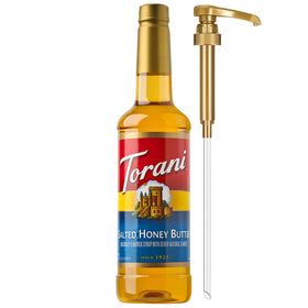 Torani Salted Honey Butter Syrup bottle with pump for easy, mess-free sweetening.