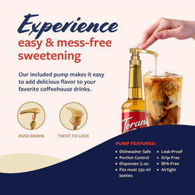 Torani Salted Honey Butter Syrup bottle close-up, BPA-free and easy to dispense.
