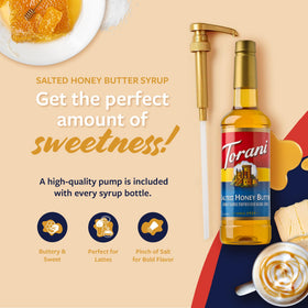 Torani Salted Honey Butter Syrup bottle beside dessert topping for desserts.
