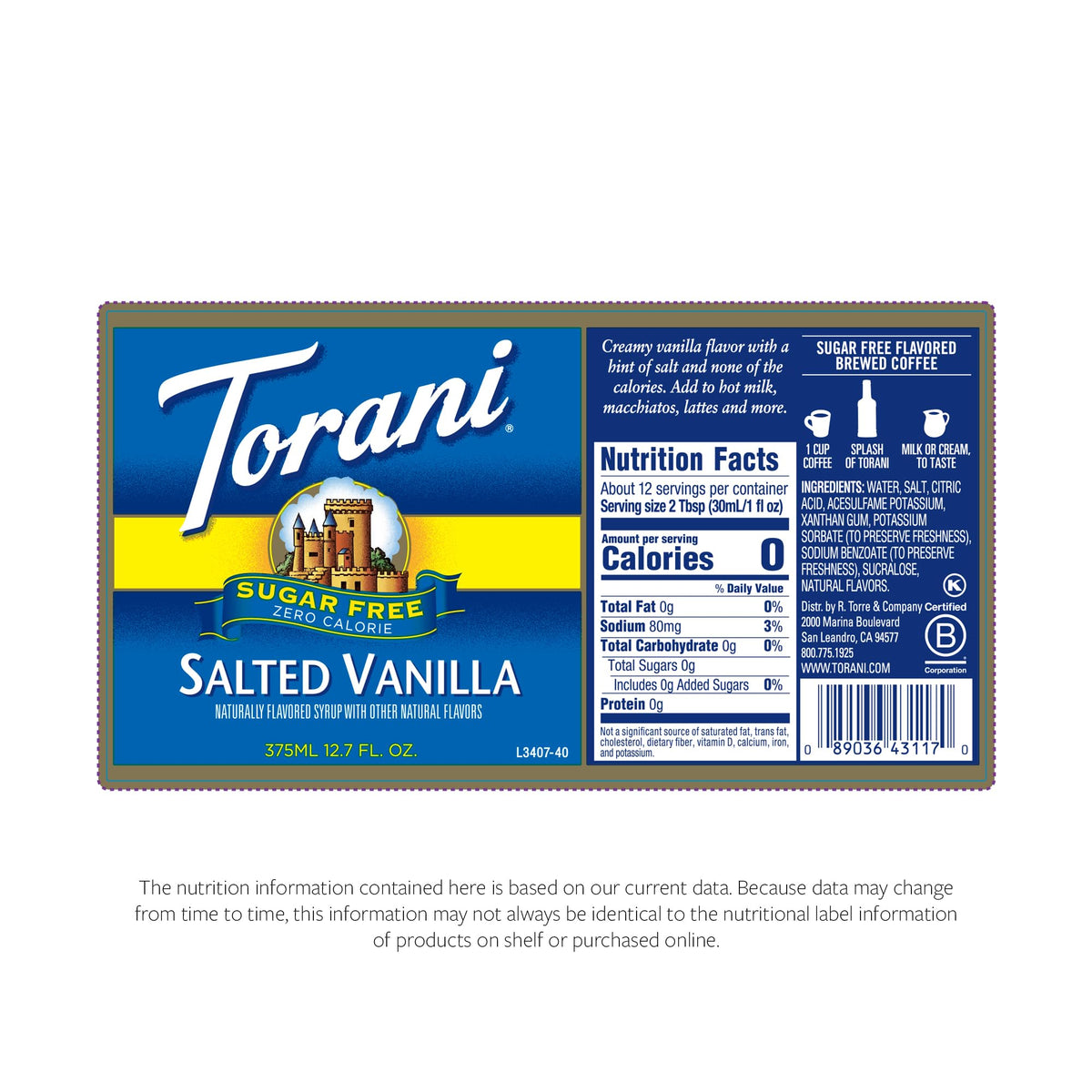 Torani Salted Vanilla Syrup in a glass with milk and coffee.