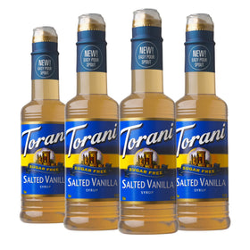 Torani Salted Vanilla Syrup bottles labeled sugar-free for beverages.