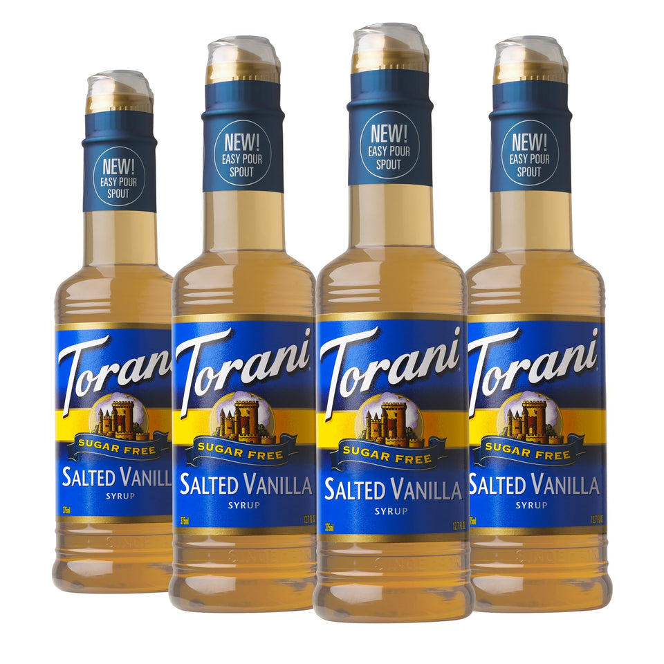 Torani Salted Vanilla Syrup bottles labeled sugar-free for beverages.
