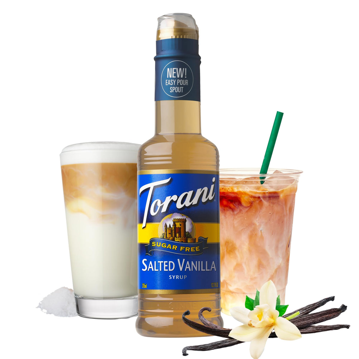 Torani Salted Vanilla Syrup being poured into coffee for flavor.