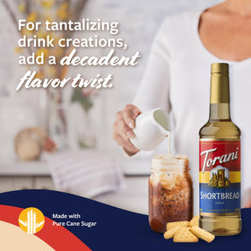 Torani Shortbread Syrup 750ml bottle on counter, BPA-free for home use.