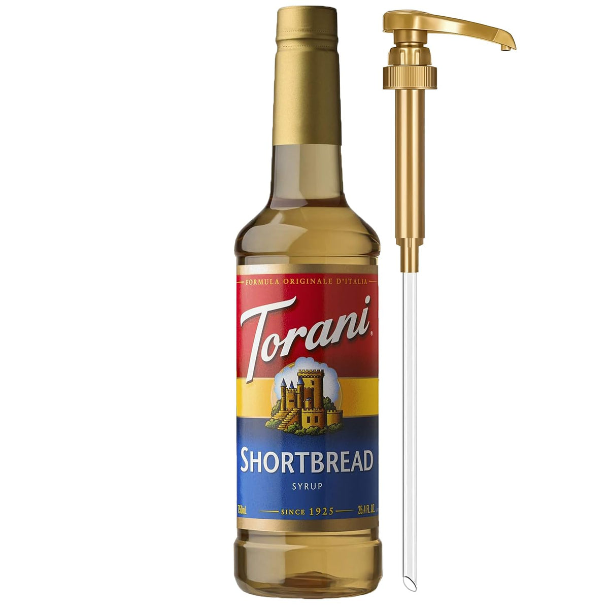 Torani Shortbread Syrup bottle with pump enables quick, mess-free coffee flavoring.