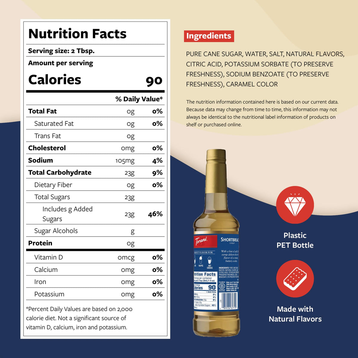 Torani Shortbread Syrup label close-up highlighting natural flavors for drinks.