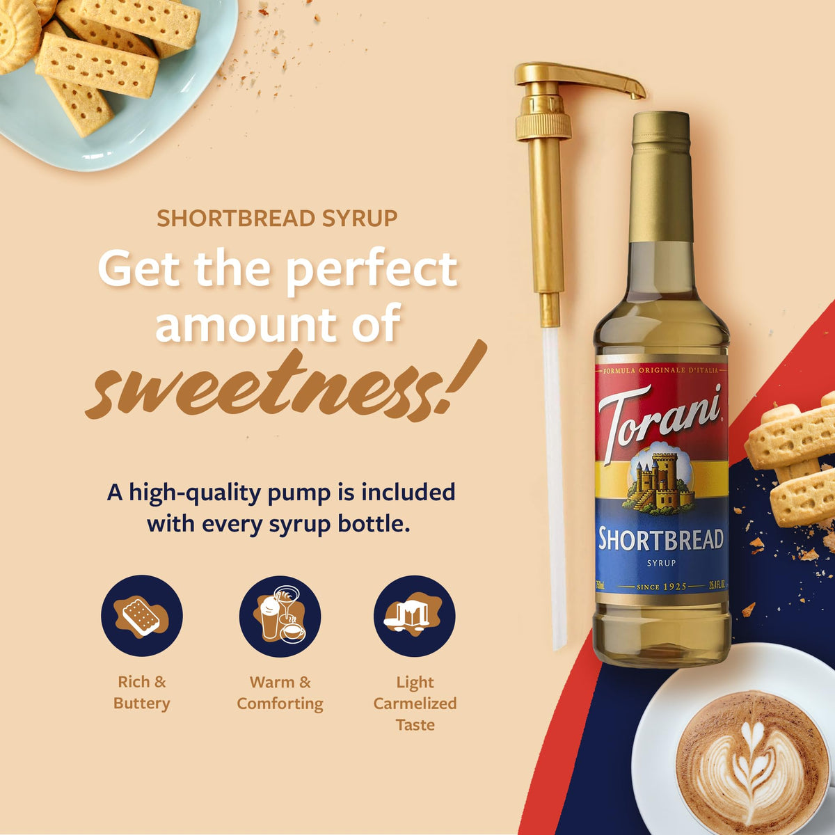 Torani Shortbread Syrup pouring into coffee, suggesting a cozy flavor boost.