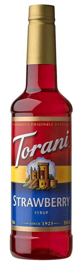 Torani Strawberry Syrup bottle close-up for berry-forward coffeehouse drinks.