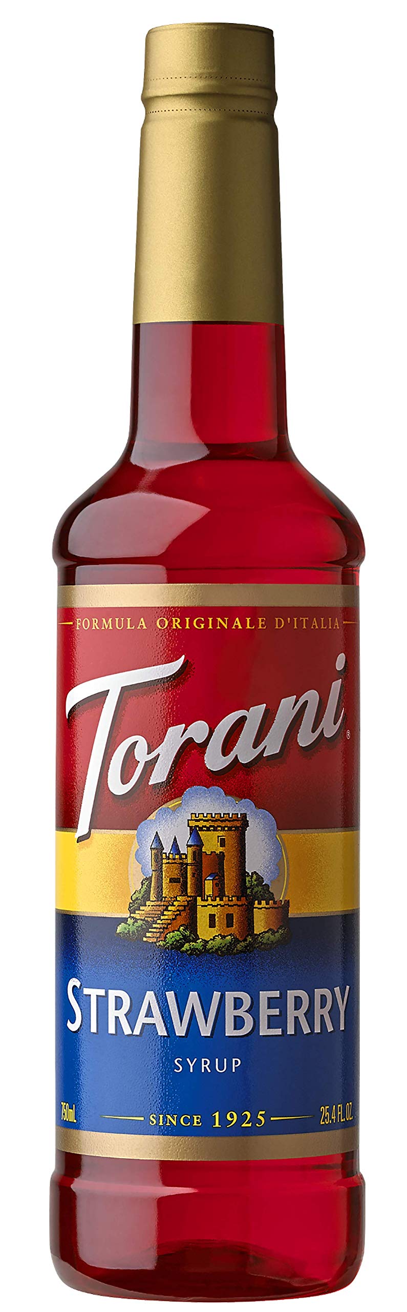 Torani Strawberry Syrup bottle close-up for berry-forward coffeehouse drinks.