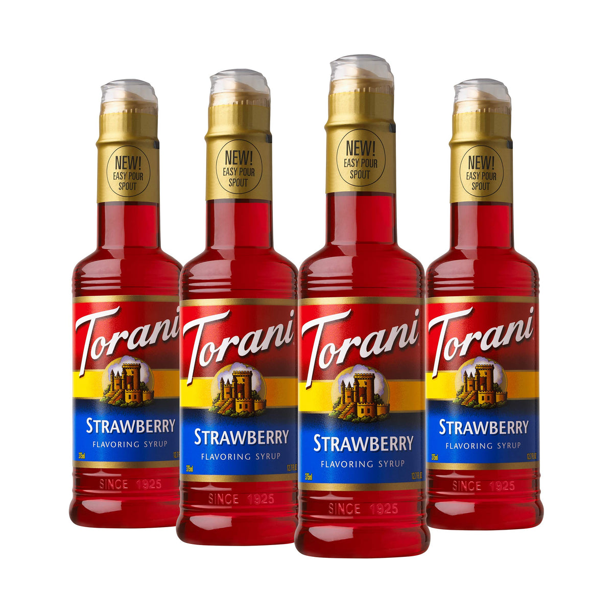 Torani Strawberry Syrup bottle front view for adding rich flavor to drinks.