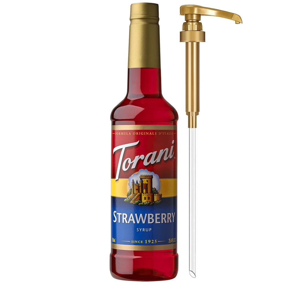 Torani Strawberry Syrup bottle with pump for precise flavoring
