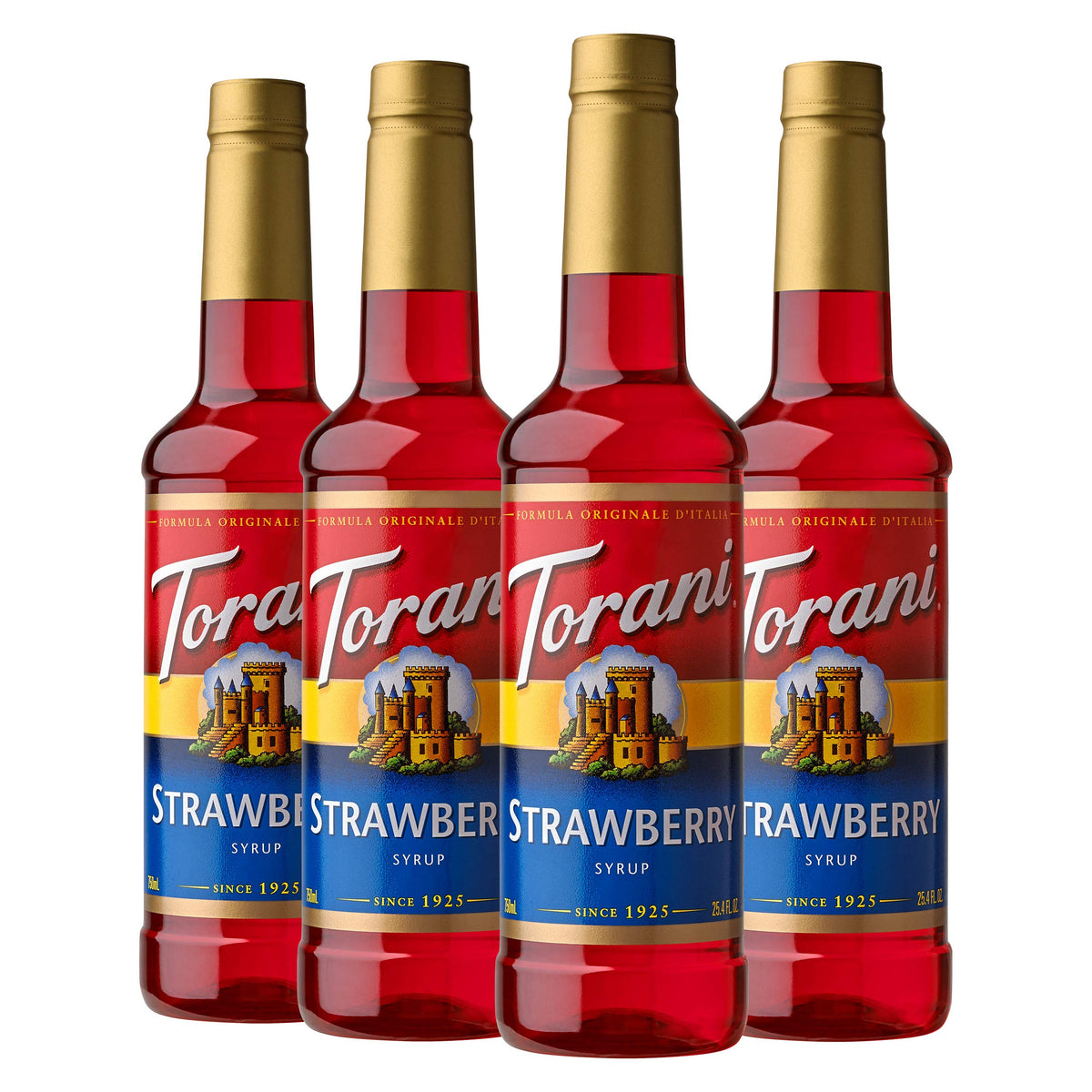Torani strawberry syrup bottle adds vibrant color to lemonades and iced teas.