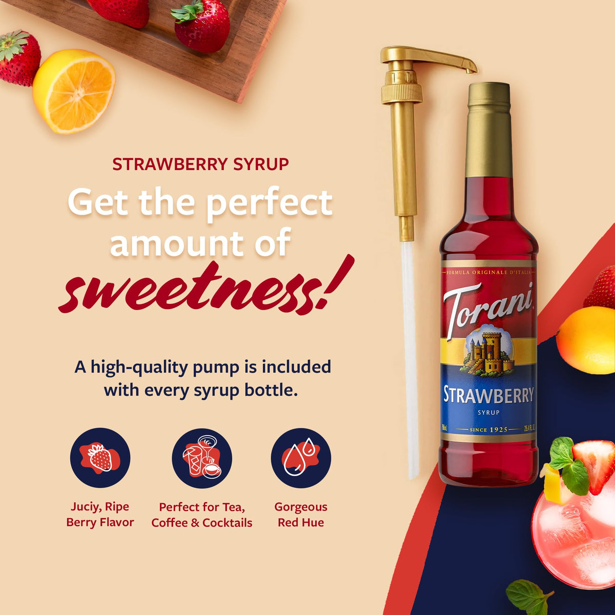 Torani Strawberry Syrup over ice tea in a tall glass
