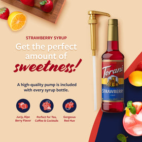 Torani Strawberry Syrup over ice tea in a tall glass