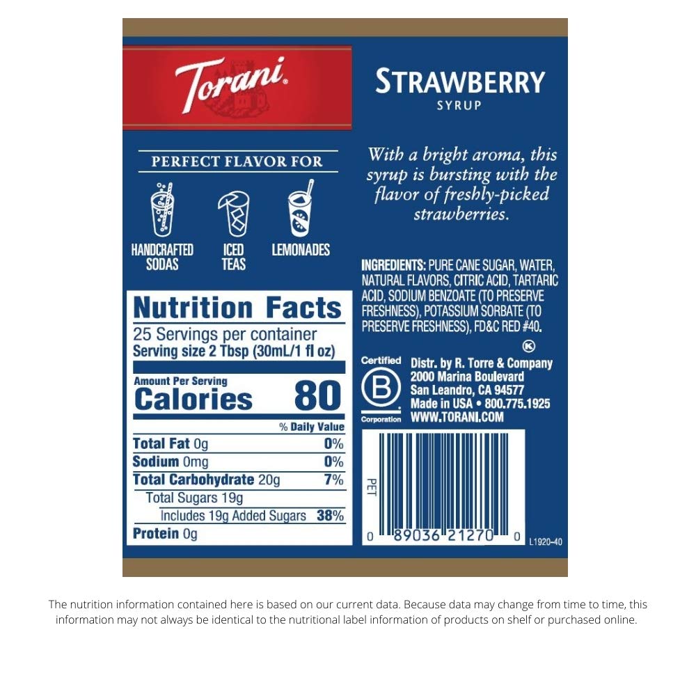 Torani strawberry syrup ingredients showcase pure cane sugar and natural flavors.