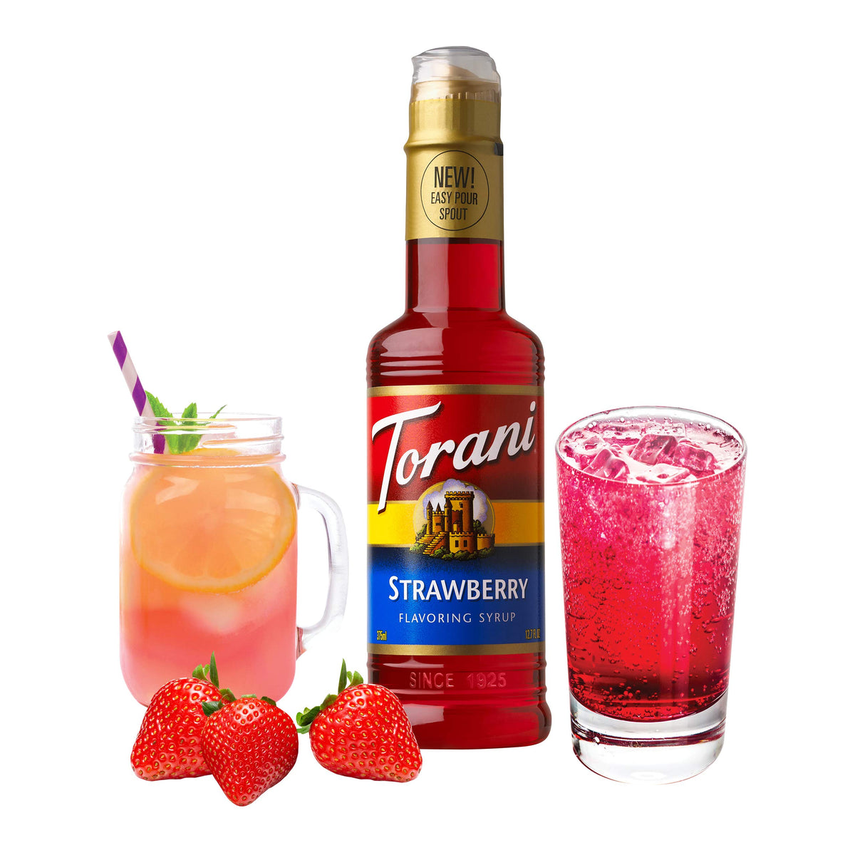 Torani Strawberry Syrup label close-up highlighting natural strawberry flavor.