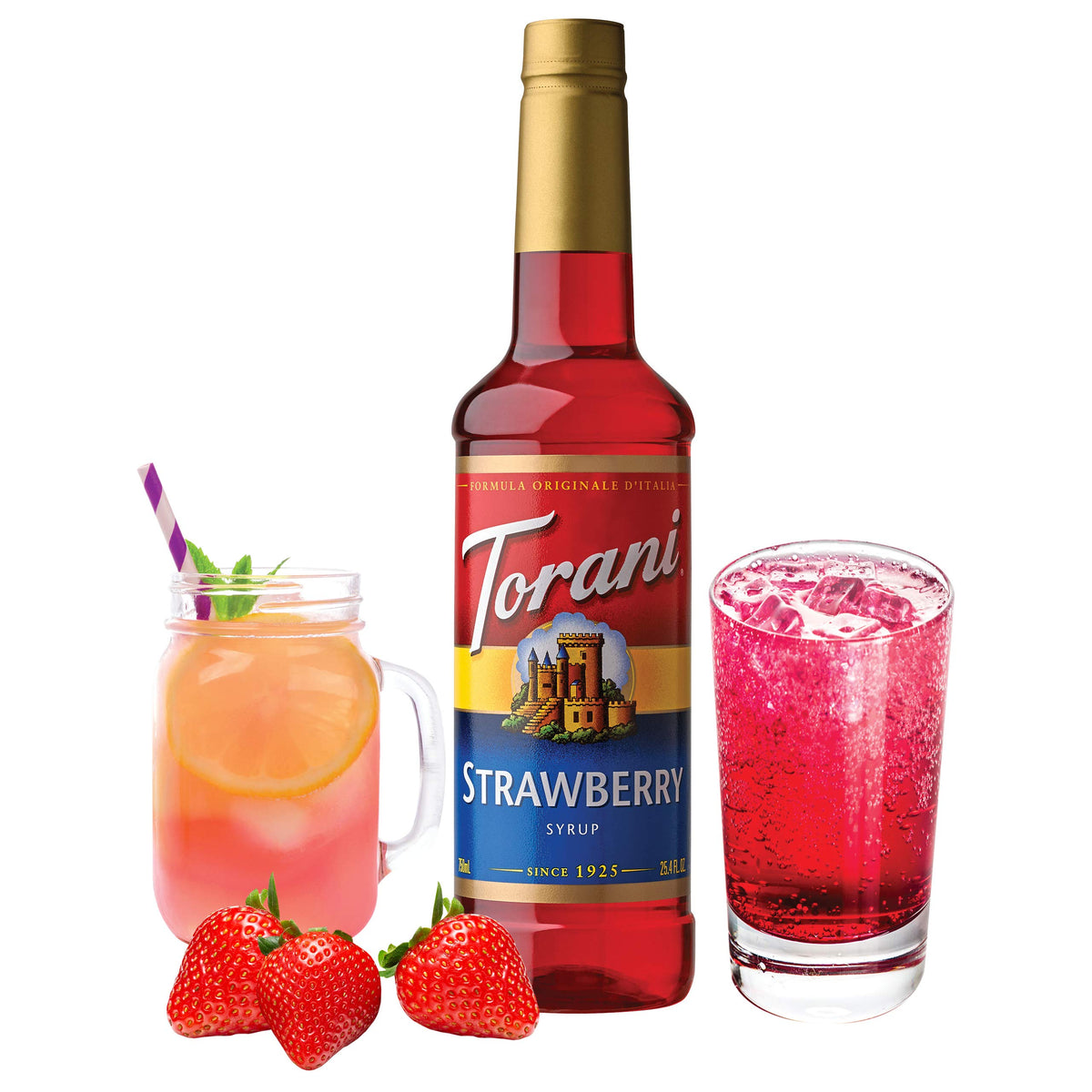 Torani strawberry syrup being poured into a glass for flavorful beverages.