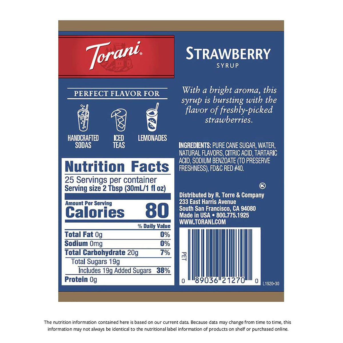 Torani Strawberry Syrup pour shows vibrant color for sodas and lattes.
