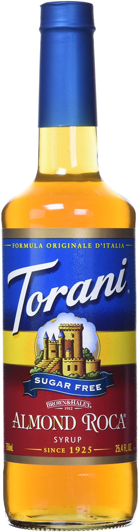 Torani Sugar Free Almond Roca syrup bottle front showing buttercrunch flavor for coffee and desserts