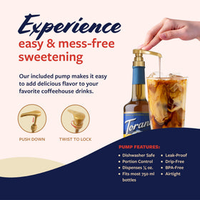 Torani Sugar Free Almond Roca syrup bottle on a kitchen counter.