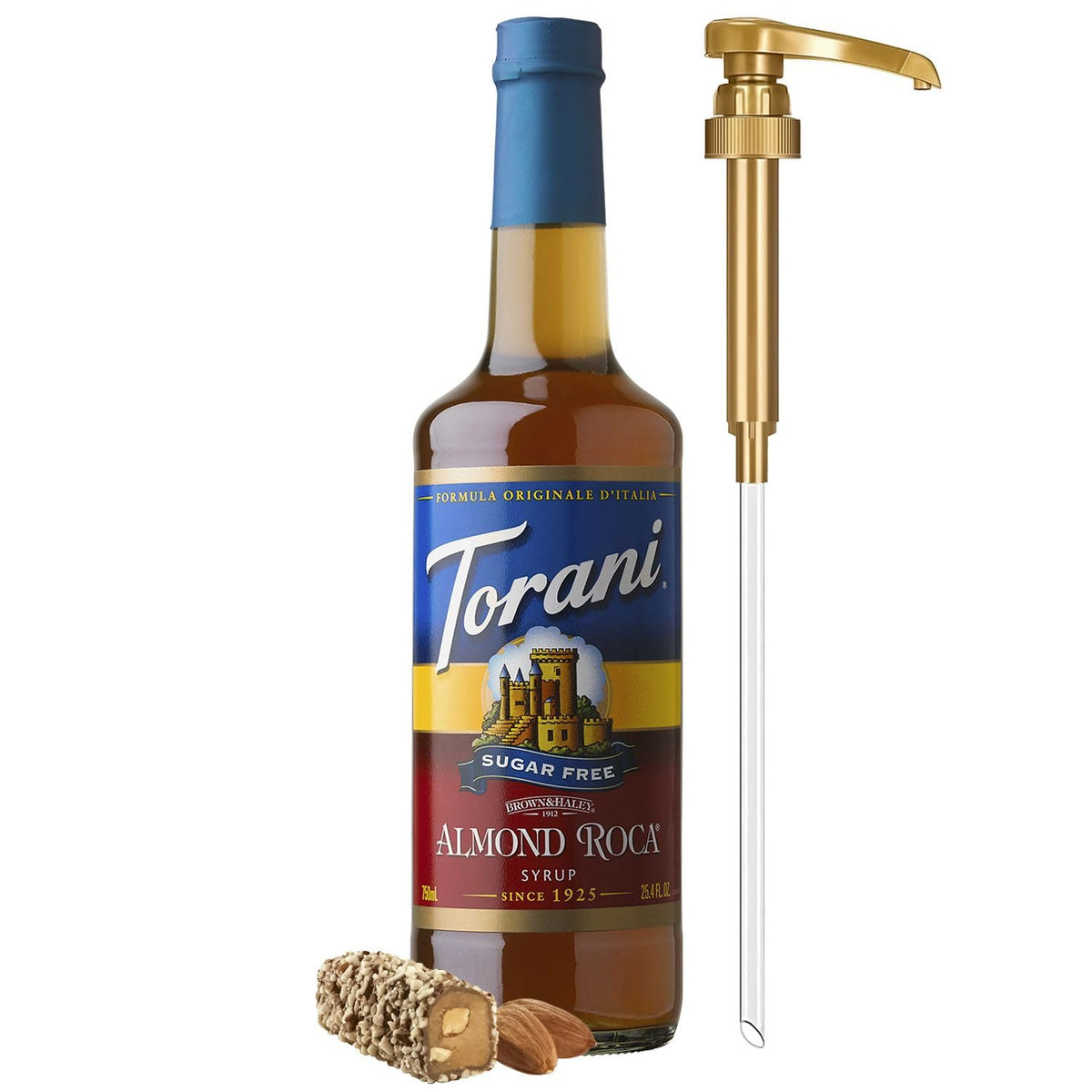 Torani Sugar Free Almond Roca syrup bottle with pump for easy hot or cold drinks.