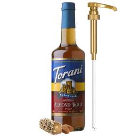 Torani Sugar Free Almond Roca syrup bottle with pump for easy hot or cold drinks.