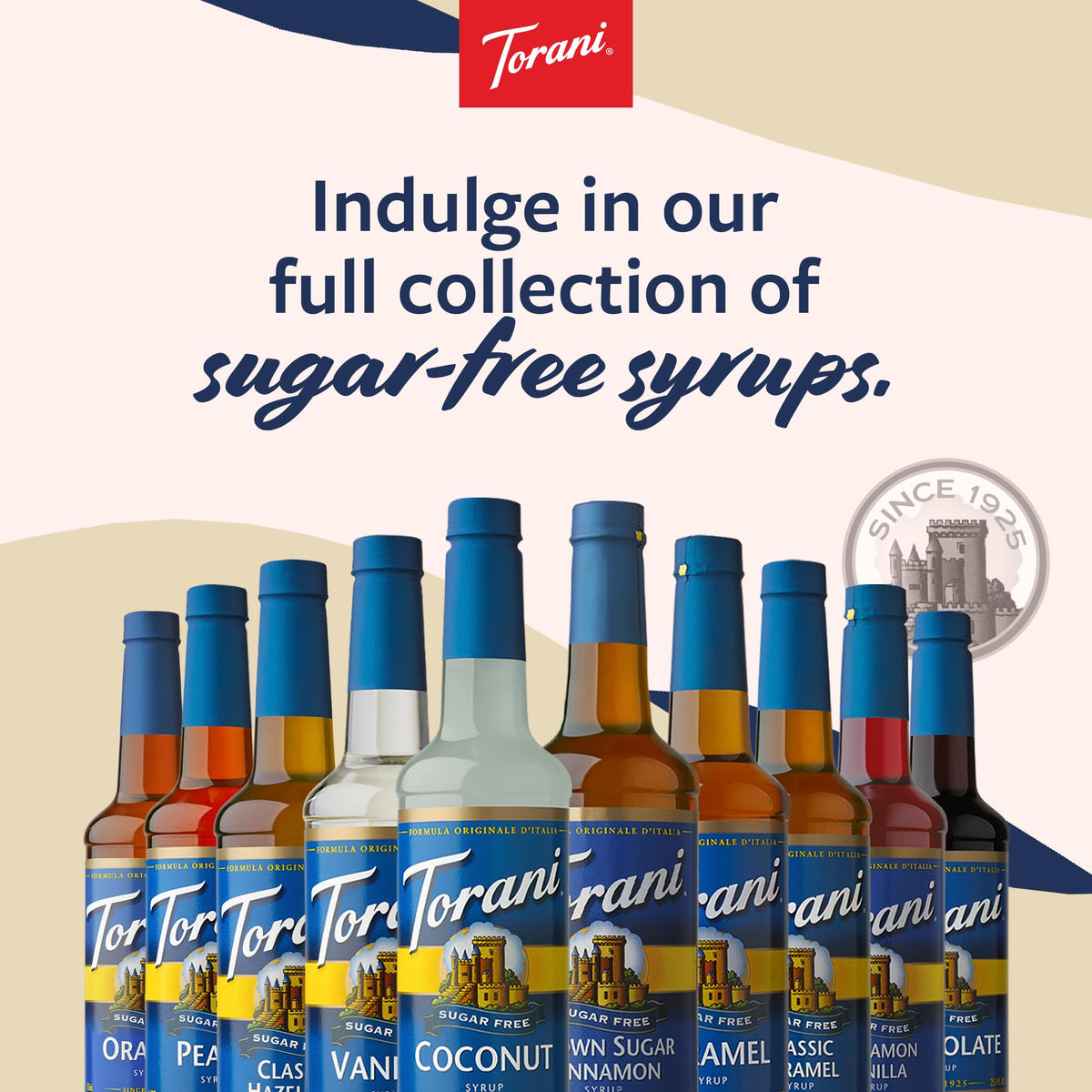 Torani Sugar Free Almond Roca syrup drops on the coffee surface.