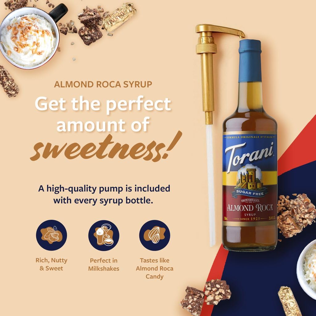Torani Sugar Free Almond Roca syrup glass bottle closeup.
