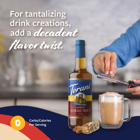 Torani Sugar Free Almond Roca syrup in a coffee cup.