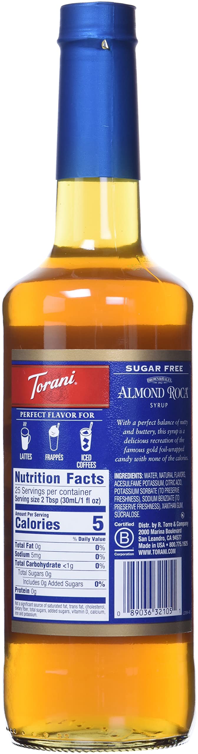 Torani Sugar Free Almond Roca syrup pouring into coffee offering a nutty, chocolatey boost