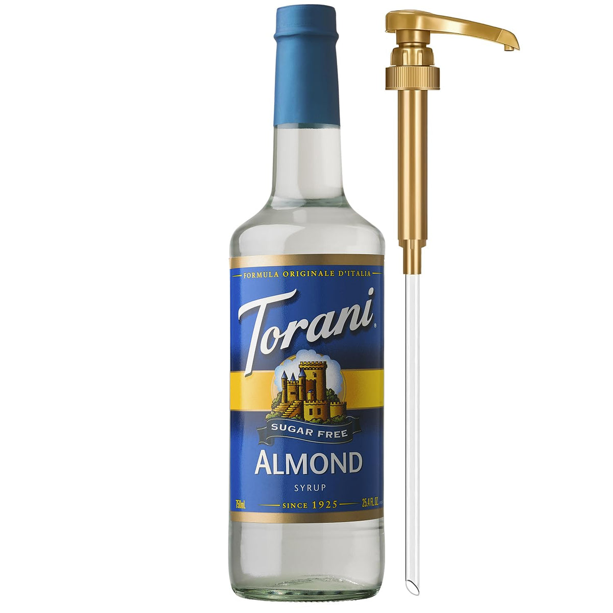Torani Sugar Free Almond Syrup bottle with pump for mess-free use