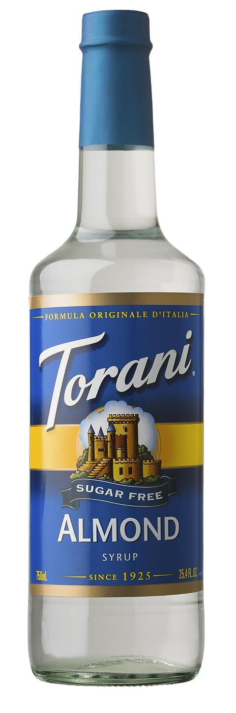 Torani Sugar Free Almond Syrup bottle for coffee flavoring and calorie-free sweetness