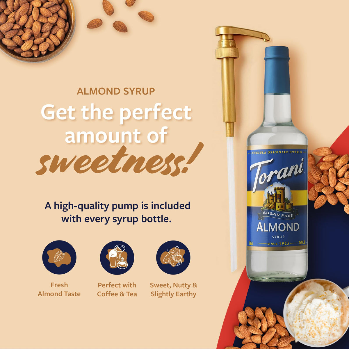 Close-up of Torani Sugar Free Almond Syrup glass bottle for easy, mess-free dispensing