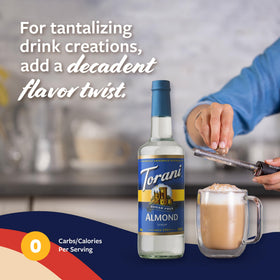 Kitchen setup with Torani Sugar Free Almond Syrup ready for latte creation