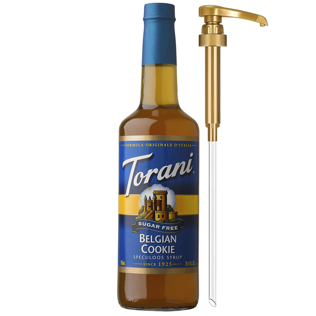Torani Sugar Free Belgian Cookie Syrup bottle ready for zero-calorie coffee flavoring.