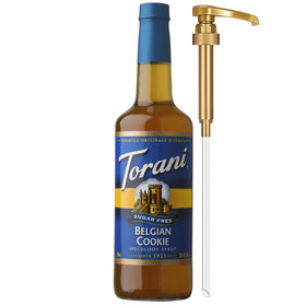 Torani Sugar Free Belgian Cookie Syrup bottle ready for zero-calorie coffee flavoring.