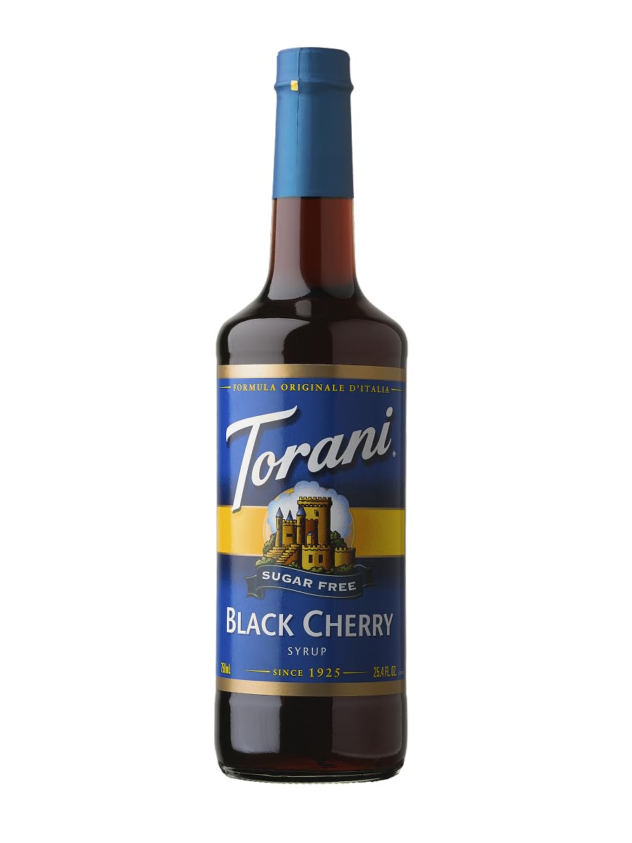 Torani Sugar Free Black Cherry Syrup bottle front for sugar-free flavor anytime.