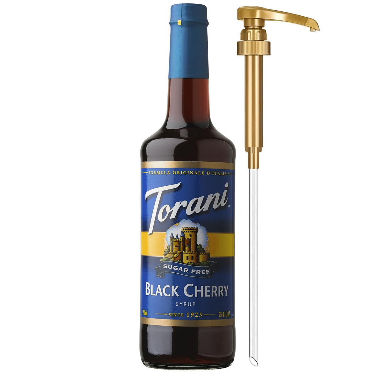Torani Sugar Free Black Cherry Syrup bottle with pump for easy sweetening in beverages.