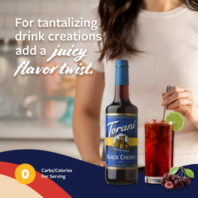 Cocktail setup with Torani Sugar Free Black Cherry Syrup, zero calories.