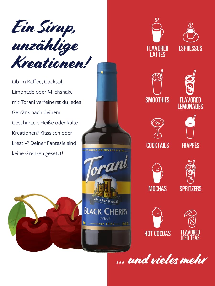 Torani Sugar Free Black Cherry Syrup drizzle on dessert highlights color.